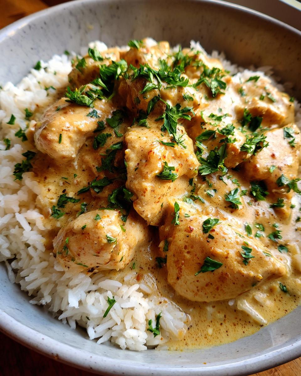 Close-up of Creamy Smothered Chicken and Rice, topped with fresh parsley, served in a bowl.