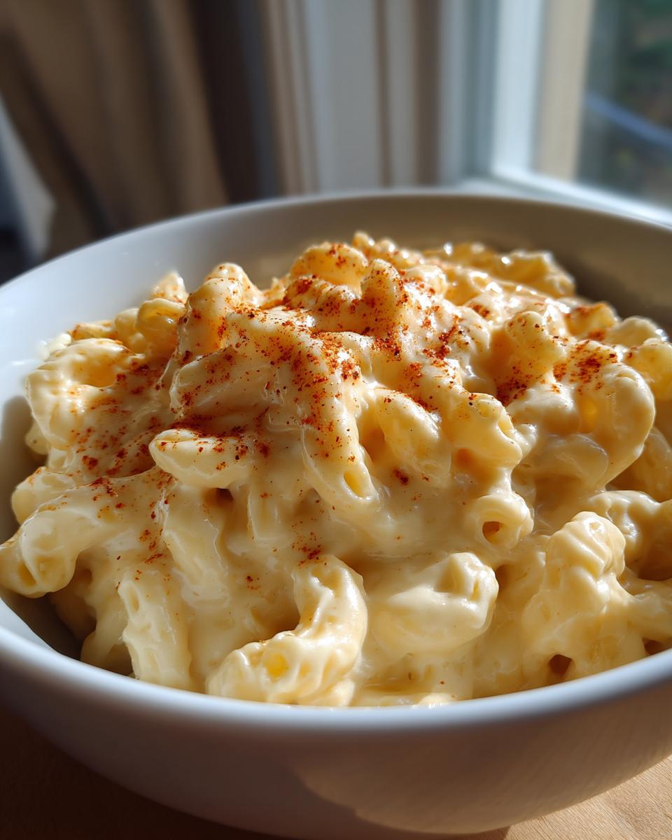 Close-up of a bowl of creamy stovetop mac and cheese, sprinkled with paprika.
