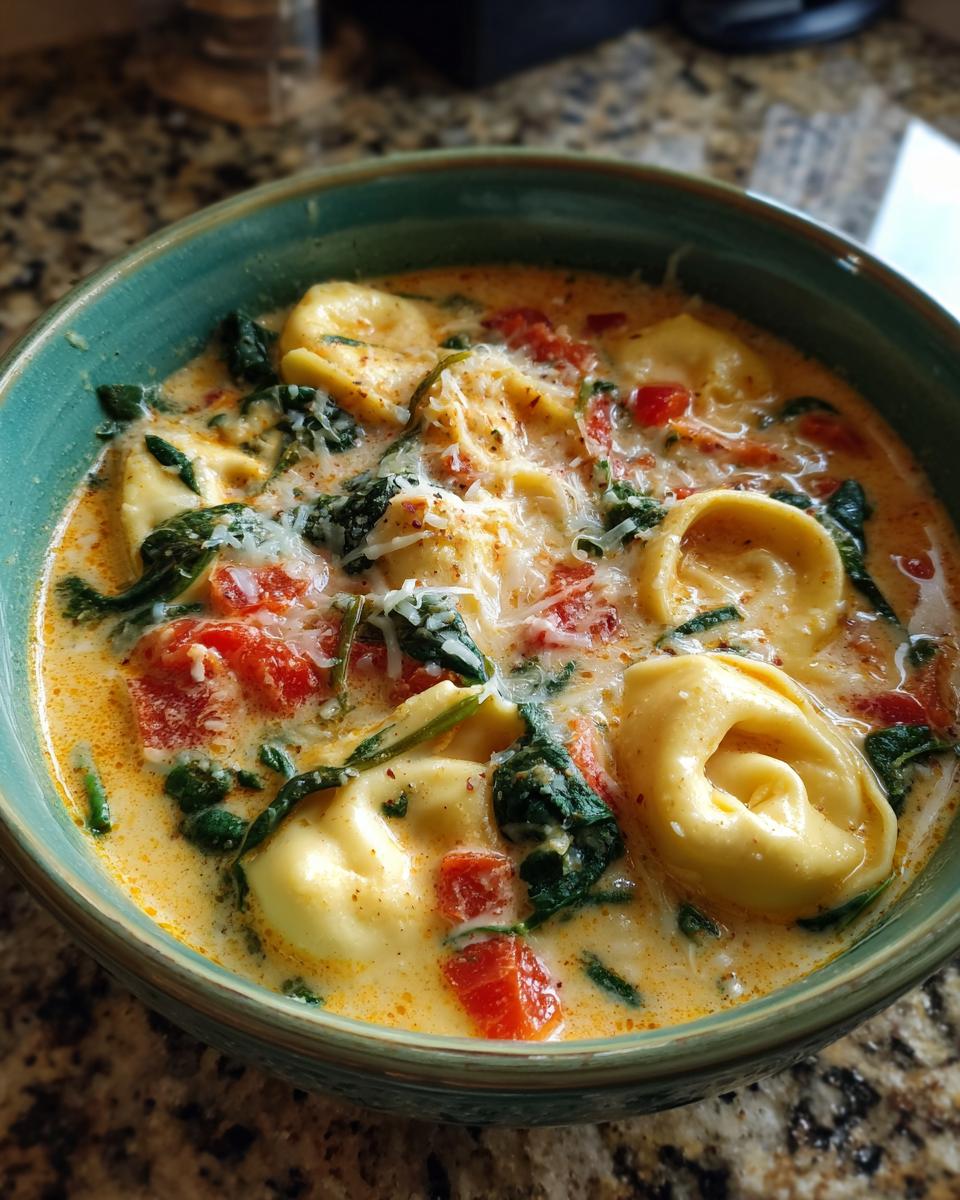 A close-up of a bowl of creamy tortellini soup, filled with cheese tortellini, spinach, and diced tomatoes, topped with grated cheese.