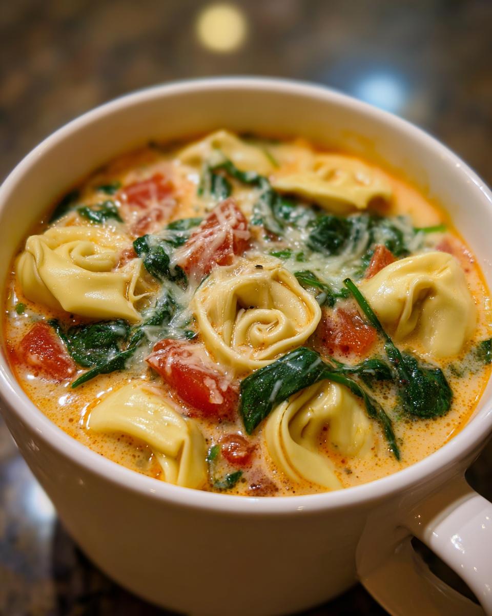 A close-up shot of a steaming bowl of creamy tortellini soup with spinach and tomatoes.