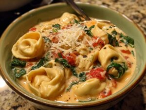 A close-up of a bowl of creamy tortellini soup filled with cheese tortellini, fresh spinach, and diced tomatoes, topped with shredded parmesan.
