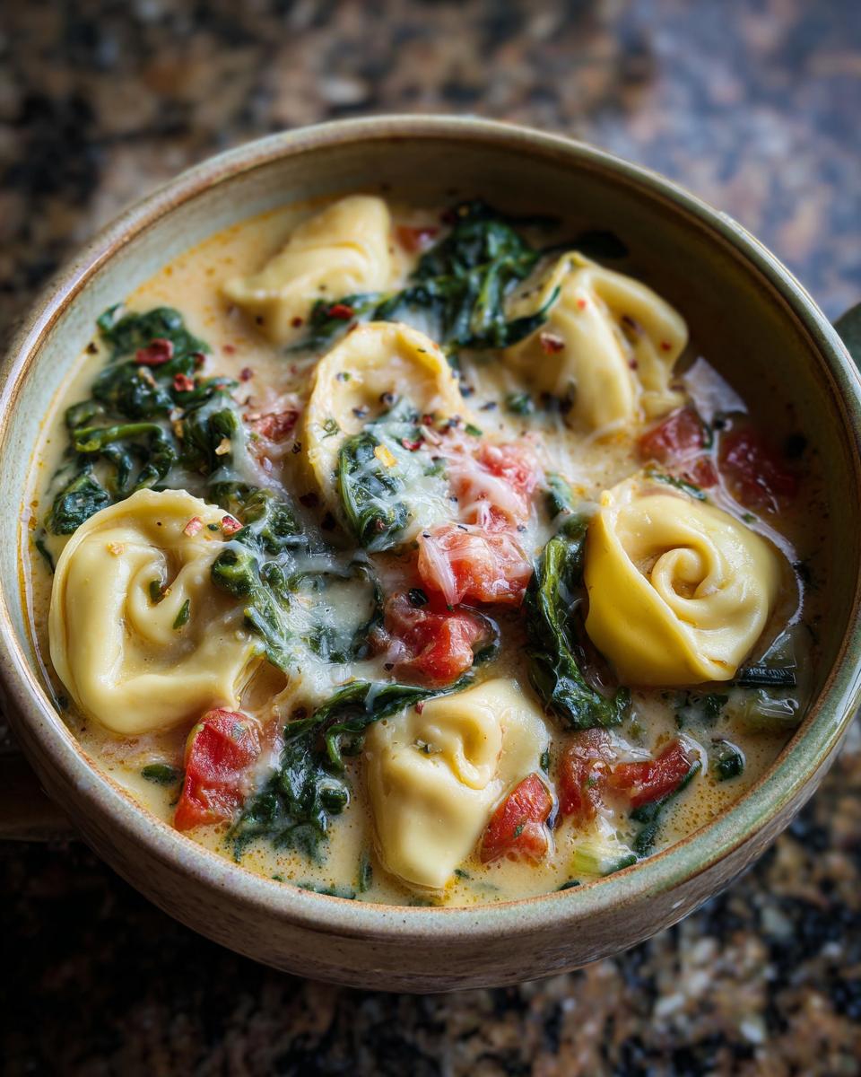 A close-up of a bowl of creamy tortellini soup with spinach, tomatoes, and red pepper flakes.