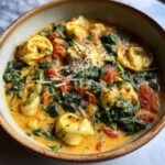 A close-up of a bowl of creamy tortellini soup with spinach, tomatoes, and grated cheese.