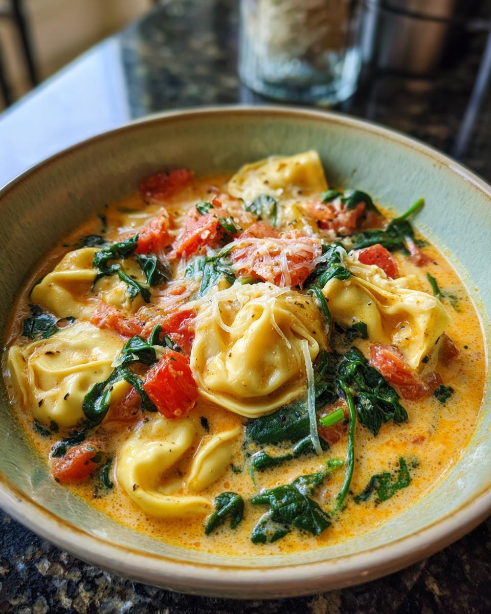 A close-up bowl of creamy tortellini soup with spinach, diced tomatoes, and grated cheese.