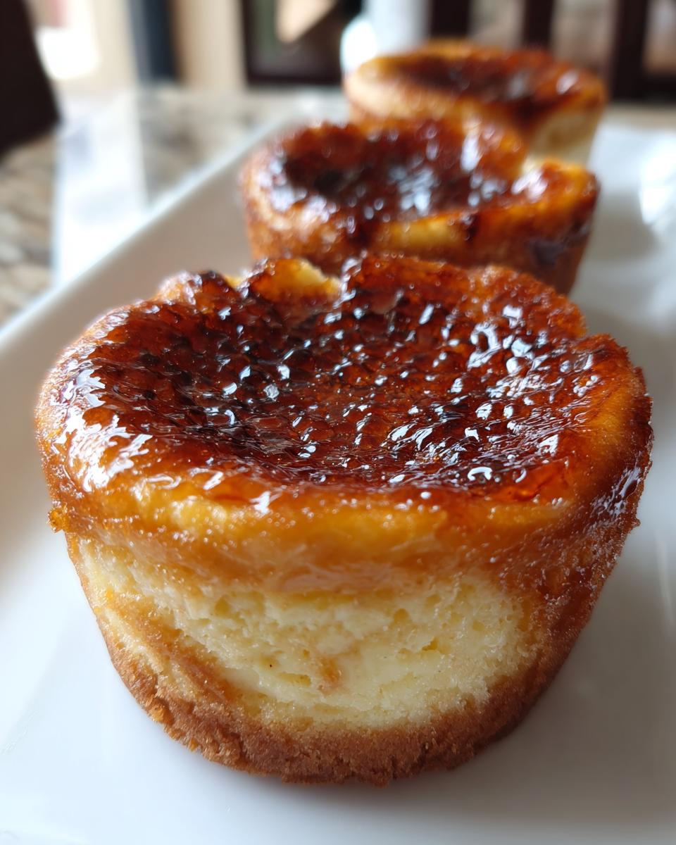 Close-up of a creme brulee cheesecake cupcake with a caramelized sugar topping.