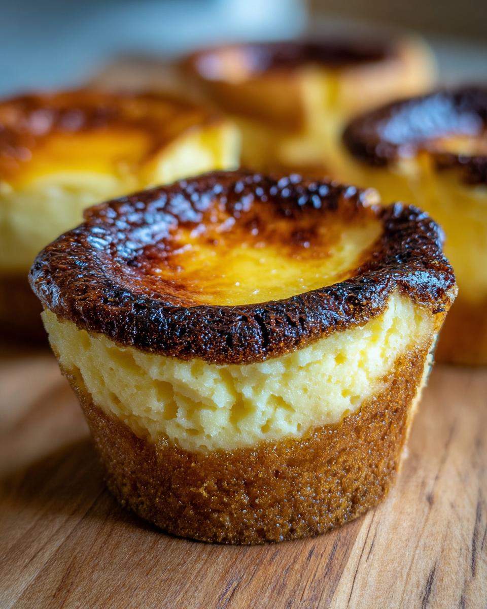 Close-up of a creme brulee cheesecake cupcake with a caramelized top and creamy filling.