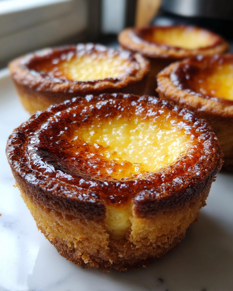 Close-up of a creme brulee cheesecake cupcake with a perfectly caramelized sugar topping and golden crust.