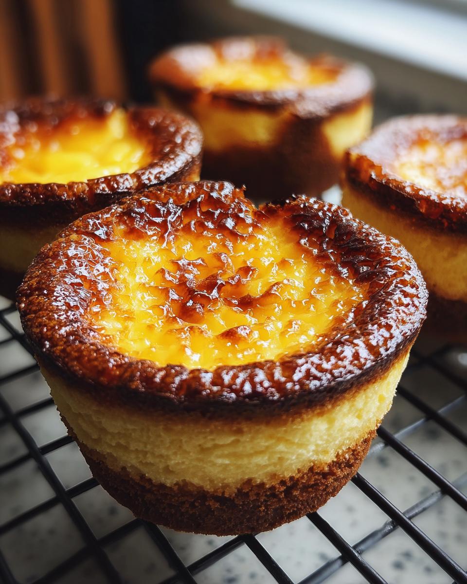 Close-up of delicious creme brulee cheesecake cupcakes with a caramelized sugar topping on a black cooling rack.