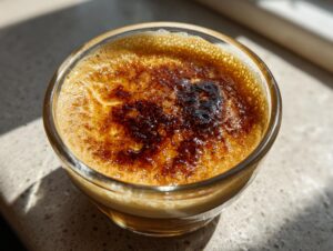 Close-up of a glass bowl filled with creme brulee iced coffee, featuring a perfectly caramelized sugar topping.