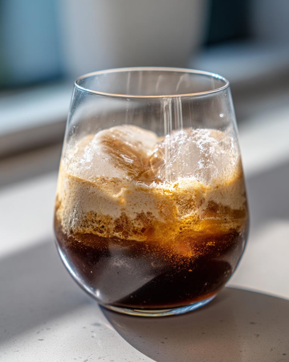 Close-up of a refreshing creme brulee iced coffee (New Orleans style) with ice cubes and frothy cream.