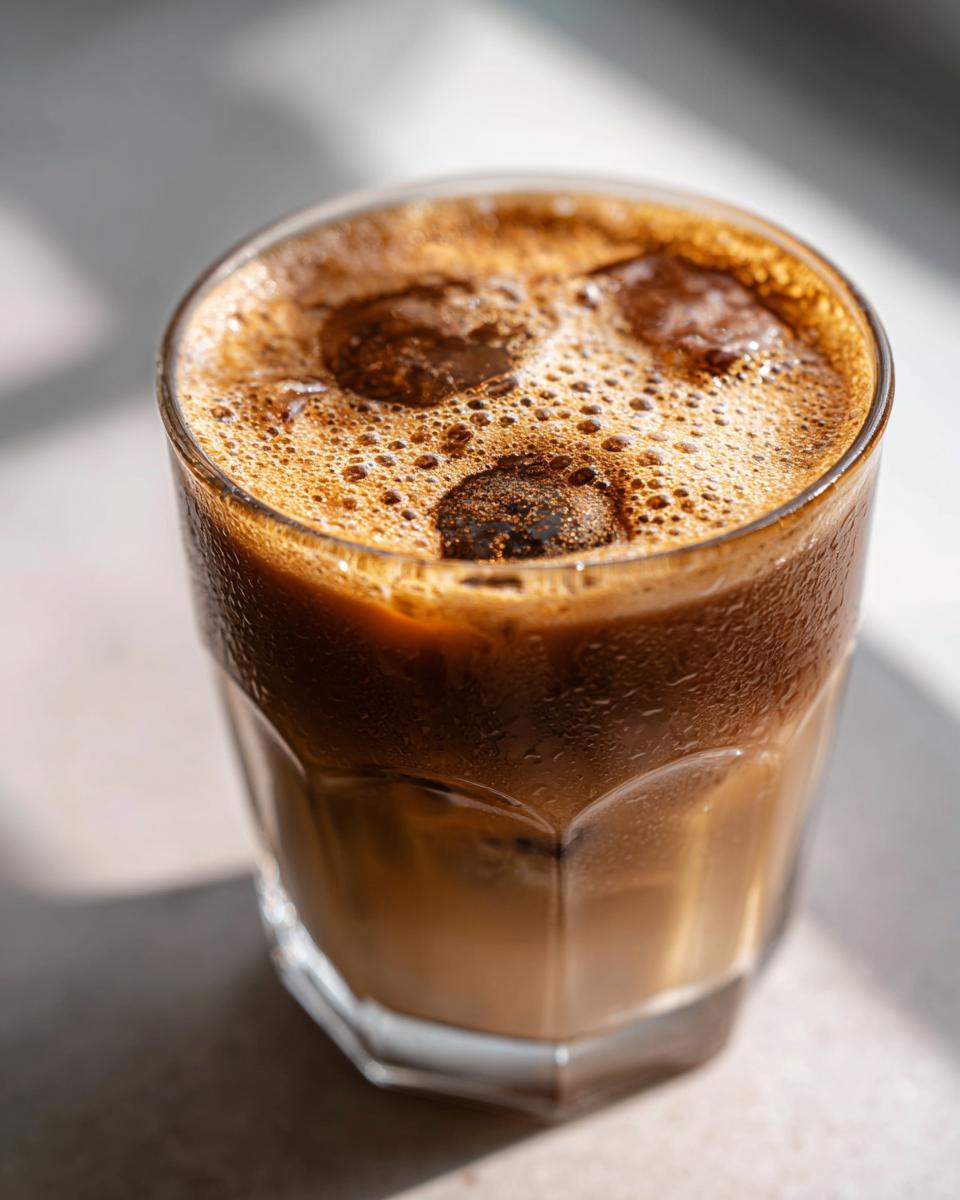A refreshing glass of creme brulee iced coffee (New Orleans style) with ice and a frothy top.