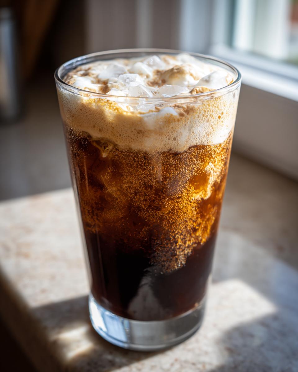 A tall glass of New Orleans style creme brulee iced coffee with dark coffee, ice, and a thick layer of foamy cream on top.