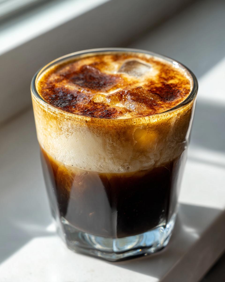 A refreshing New Orleans style creme brulee iced coffee with a caramelized sugar topping and ice cubes.