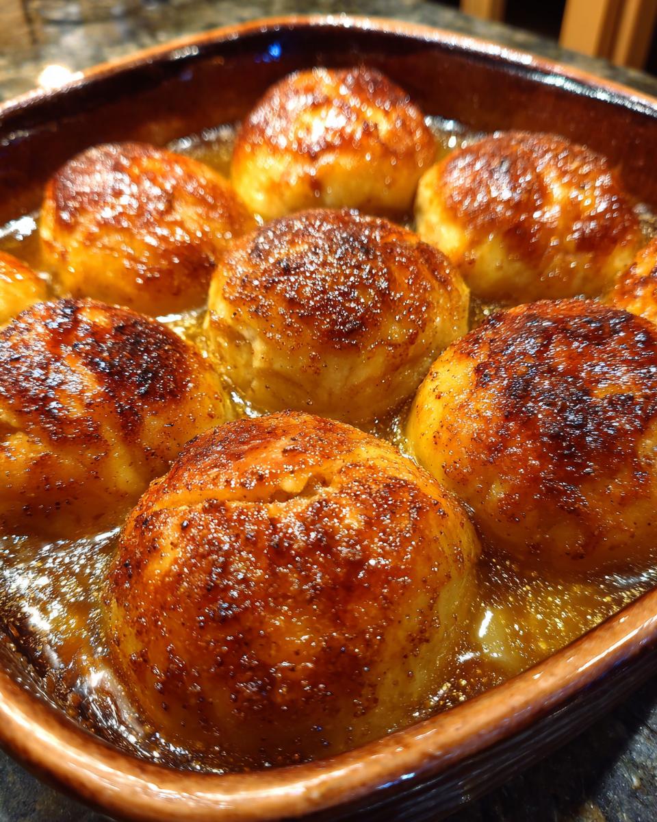 Close-up of baked crescent roll apple dumplings in a ceramic dish, glistening with syrup and sprinkled with cinnamon.