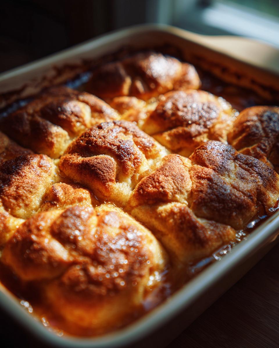 Close-up of golden brown crescent roll apple dumplings baked in a dish, with syrup pooling around them.