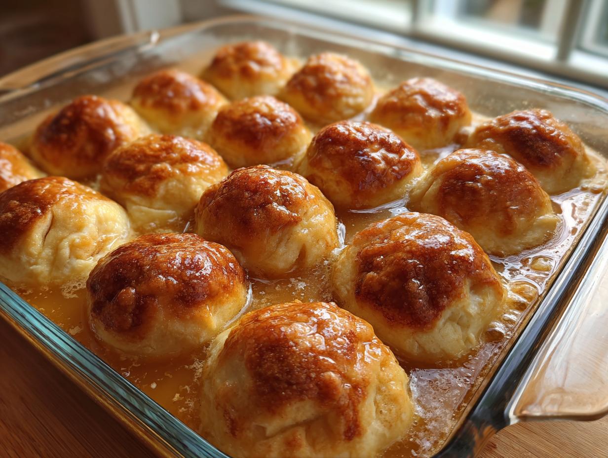 Close-up of baked crescent roll apple dumplings glistening in a sweet syrup in a glass baking dish.