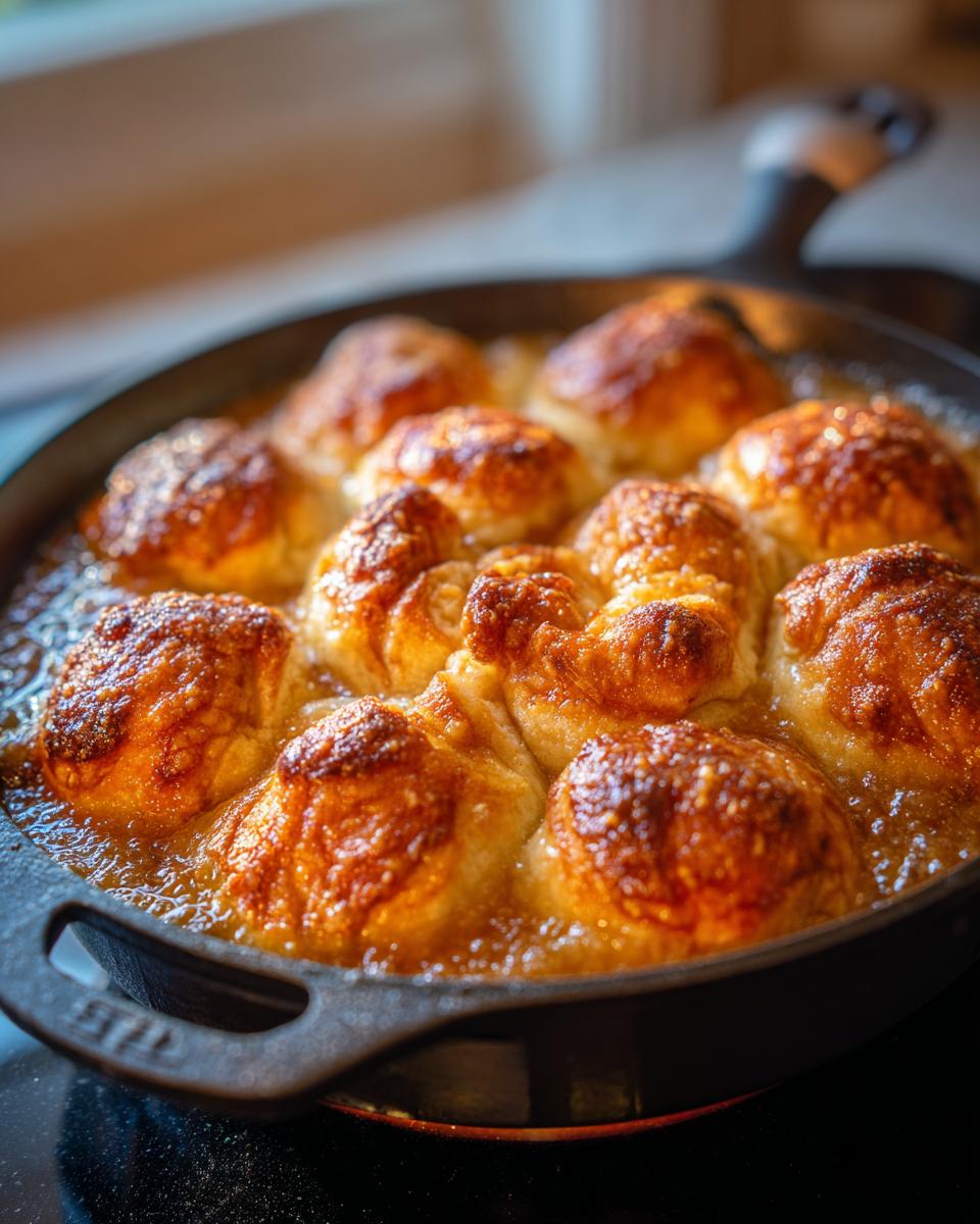 Close-up of golden brown crescent roll apple dumplings simmering in a cast-iron skillet.