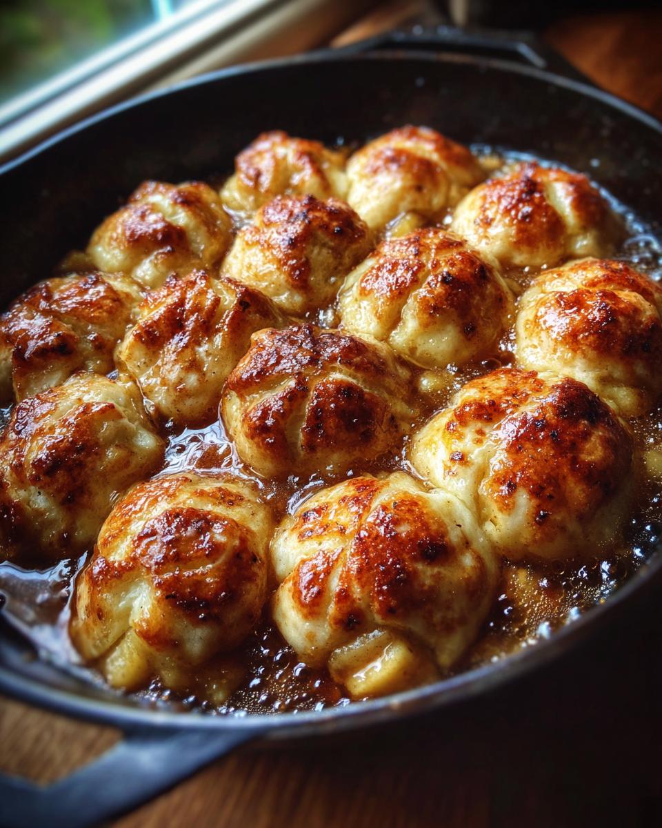 Close-up of golden brown crescent roll apple dumplings simmering in a cast iron skillet with bubbly sauce.