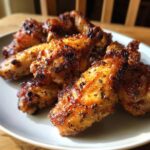 Close-up of golden-brown, crispy baked chicken wings seasoned with herbs on a white plate.