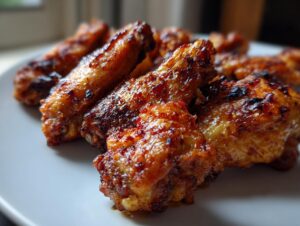 Close-up of a plate of perfectly crispy baked chicken wings with a glossy, spiced glaze.