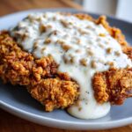A close-up of a perfectly crispy chicken fried steak smothered in creamy white gravy.