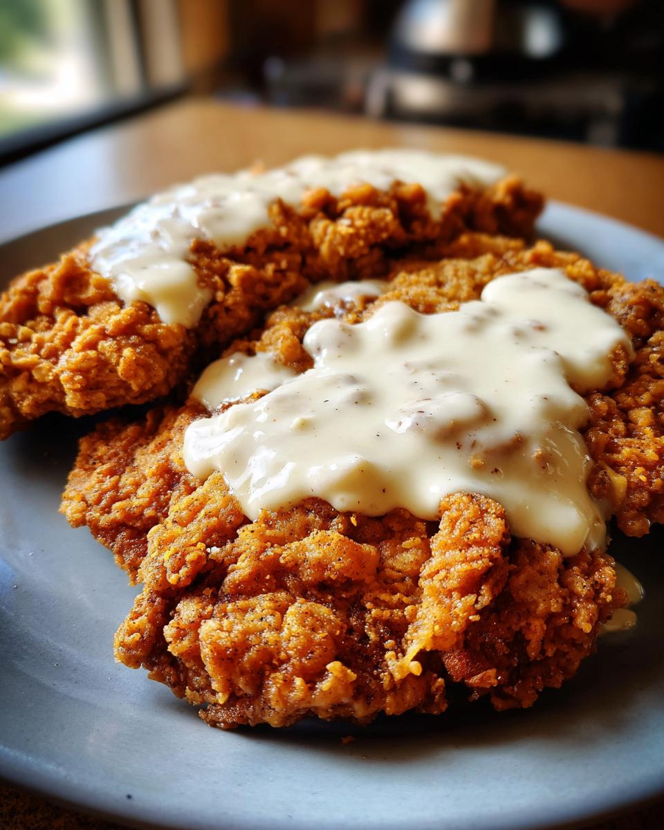 Close-up of two golden-brown, crispy chicken fried steak pieces generously topped with creamy white gravy.