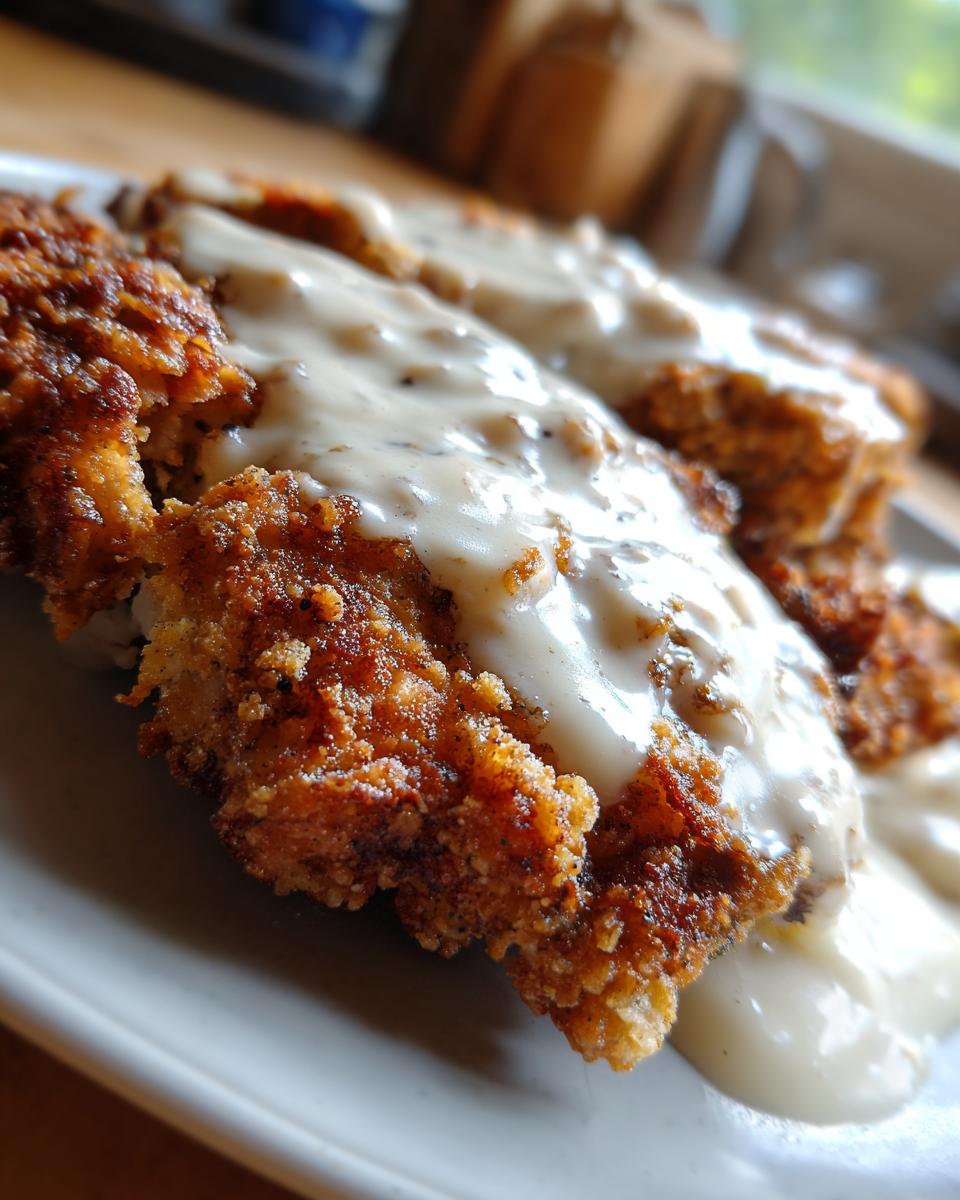 Close-up of crispy chicken fried steak smothered in creamy white gravy on a plate.