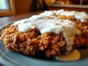 Close-up of a golden-brown, crispy chicken fried steak smothered in creamy white gravy.