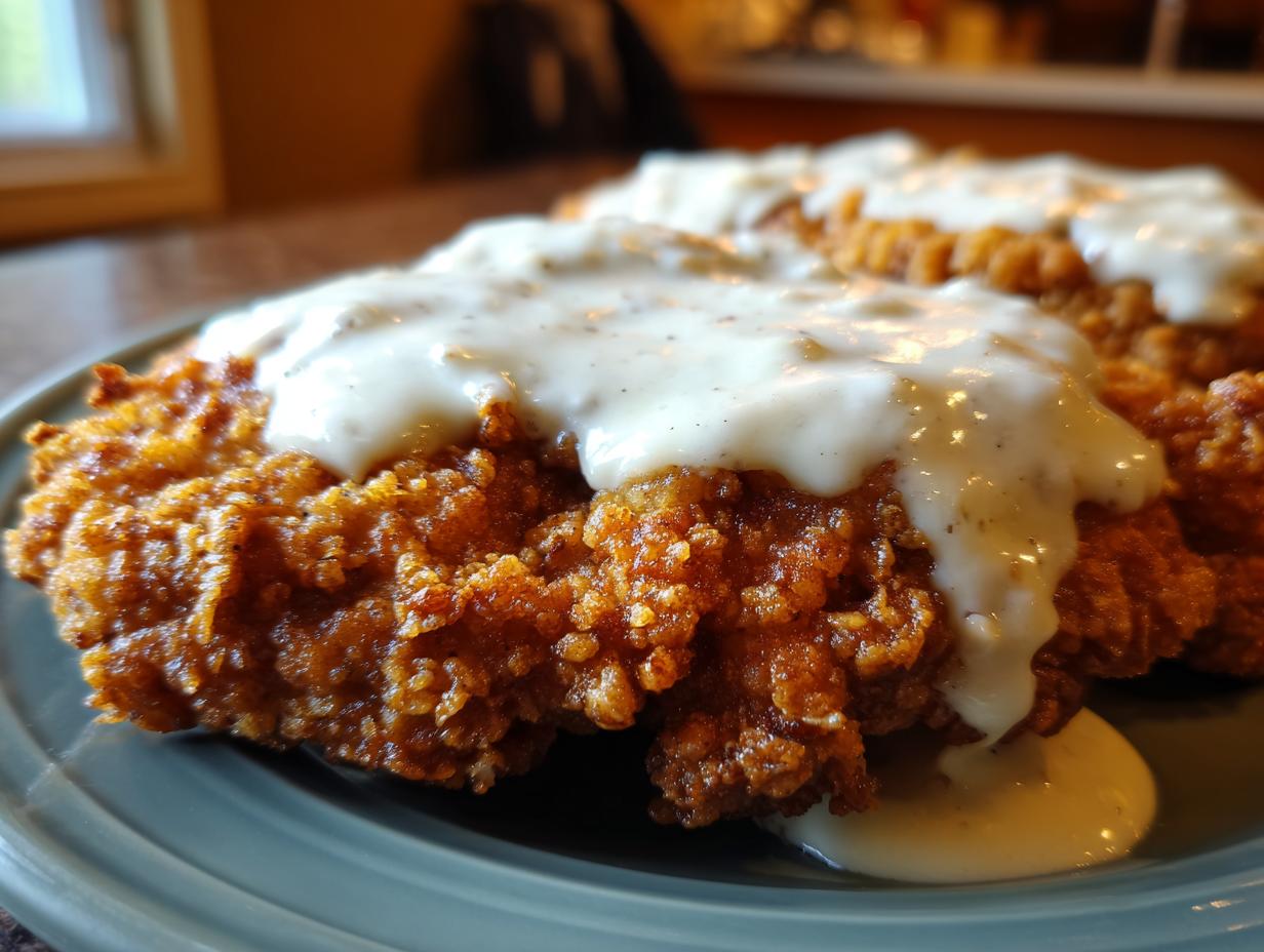 Close-up of a golden-brown, crispy chicken fried steak smothered in creamy white gravy.