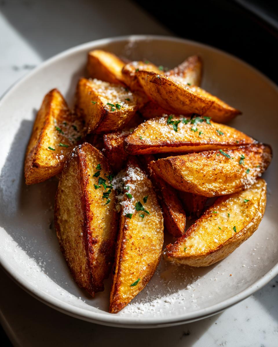 A close-up of a bowl filled with golden brown, crispy potato wedges, sprinkled with fresh parsley and grated cheese.