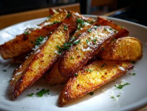 A close-up shot of a plate piled high with golden brown, crispy potato wedges, sprinkled with fresh parsley and grated cheese.