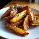 A pile of golden brown crispy potato wedges, sprinkled with grated Parmesan cheese and fresh parsley.