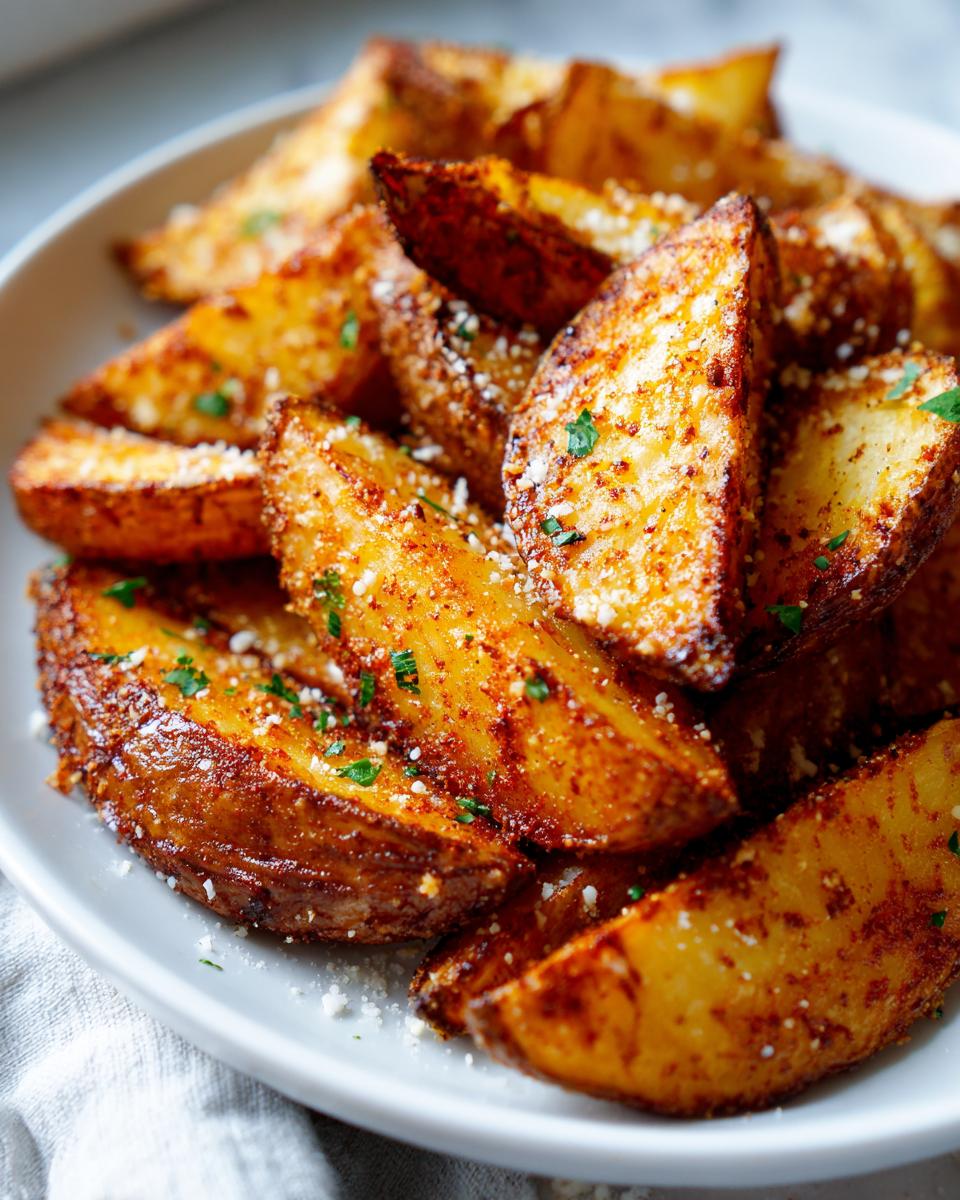 A close-up of a white plate piled high with golden brown, crispy potato wedges seasoned with herbs and sprinkled with Parmesan cheese.
