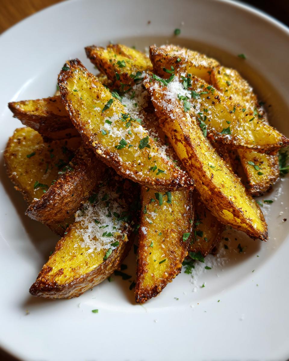 A close-up of golden brown crispy potato wedges, sprinkled with grated cheese and fresh parsley.