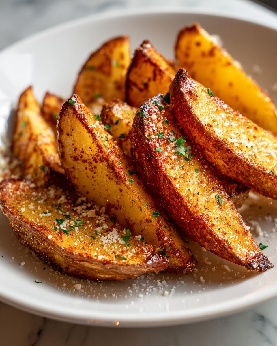 A close-up of perfectly golden and crispy potato wedges, seasoned with herbs and spices, served on a white plate.