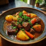 A close-up of a bowl of delicious crock pot beef stew, featuring tender beef chunks, potatoes, carrots, and fresh parsley garnish.