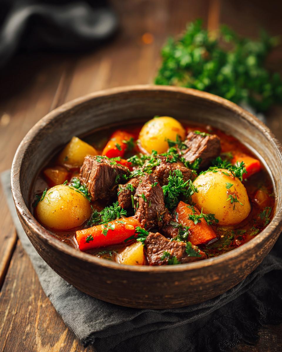 A rustic bowl filled with tender chunks of crock pot beef stew, potatoes, carrots, and fresh parsley.