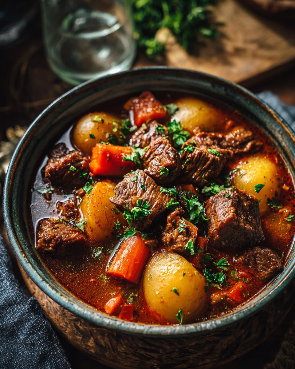 A close-up of a rustic bowl filled with tender crock pot beef stew, featuring chunks of beef, potatoes, and carrots, garnished with fresh parsley.