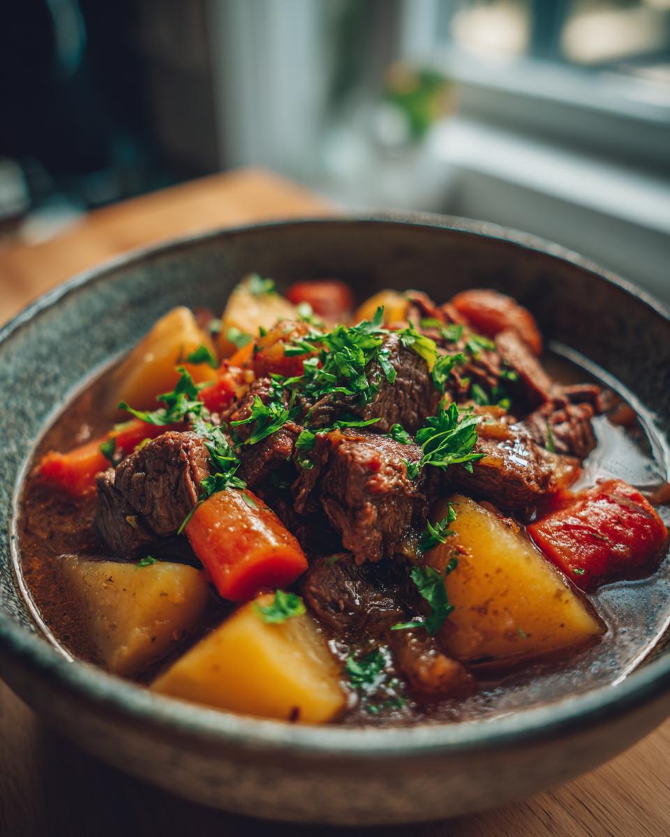 A close-up of a rustic bowl filled with tender crock pot beef stew, featuring chunks of beef, potatoes, and carrots, garnished with fresh parsley.