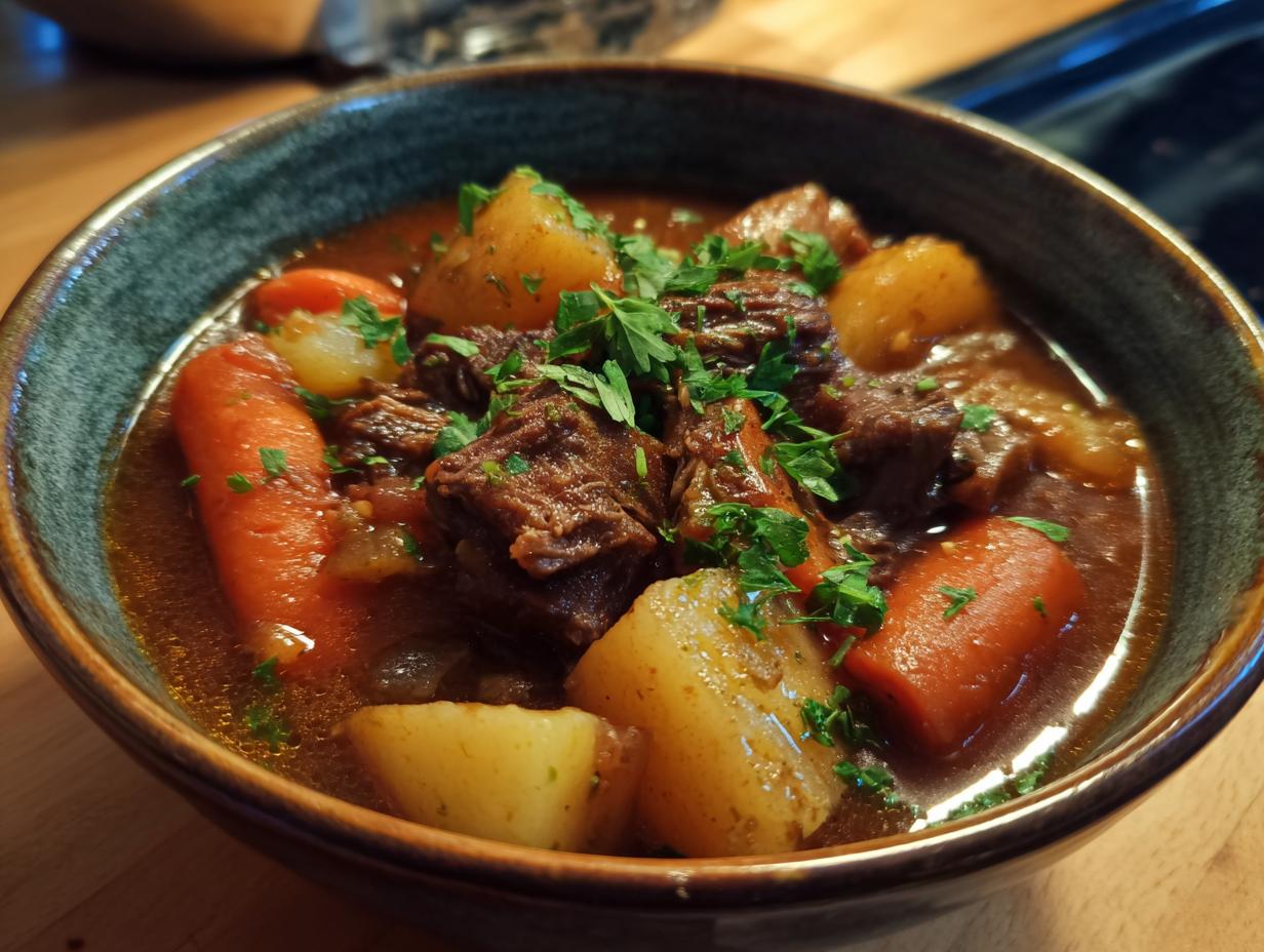 A close-up view of a steaming bowl of crock pot beef stew, featuring tender beef chunks, carrots, potatoes, and fresh parsley.