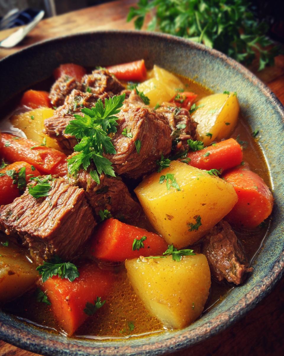 A close-up view of a rustic bowl filled with tender crock pot beef stew, featuring chunks of beef, carrots, and potatoes, garnished with fresh parsley.