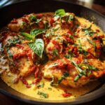 Close-up of Crock Pot Marry Me Chicken breasts in a rich, creamy sauce, topped with sun-dried tomatoes and fresh basil.