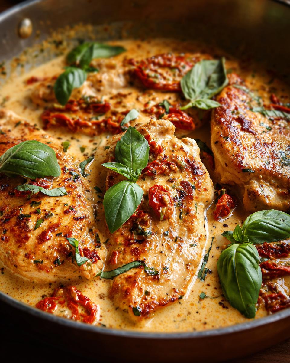 Close-up of Crock Pot Marry Me Chicken breasts in a rich, creamy sauce with sun-dried tomatoes and fresh basil.