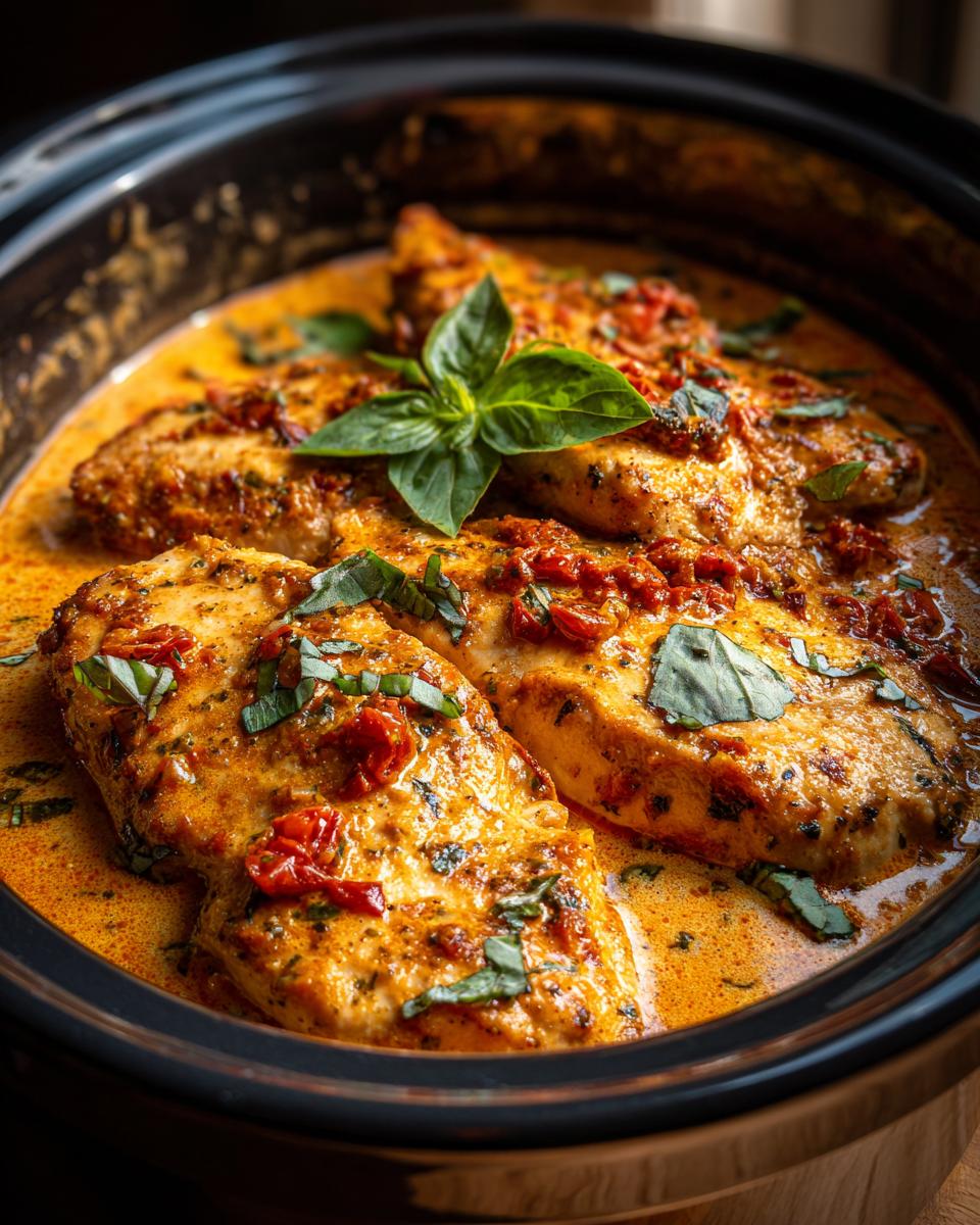 Close-up of Crock Pot Marry Me Chicken breasts in a rich, creamy tomato sauce, garnished with fresh basil.