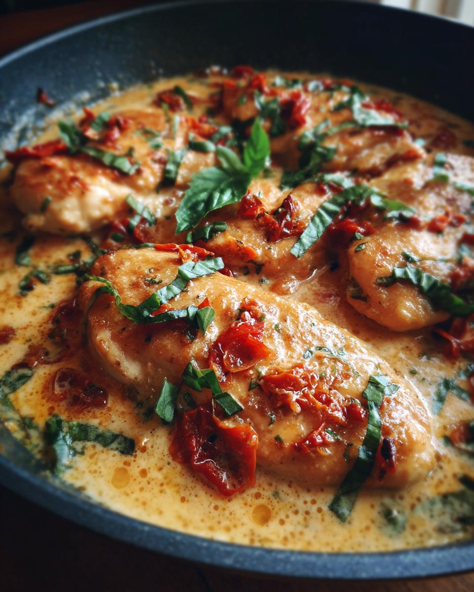 Close-up of Crock Pot Marry Me Chicken breasts in a rich, creamy sauce with sun-dried tomatoes and fresh basil.