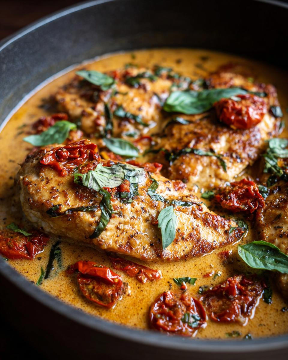 Close-up of Crock Pot Marry Me Chicken breasts in a rich, creamy sauce with sun-dried tomatoes and fresh basil.