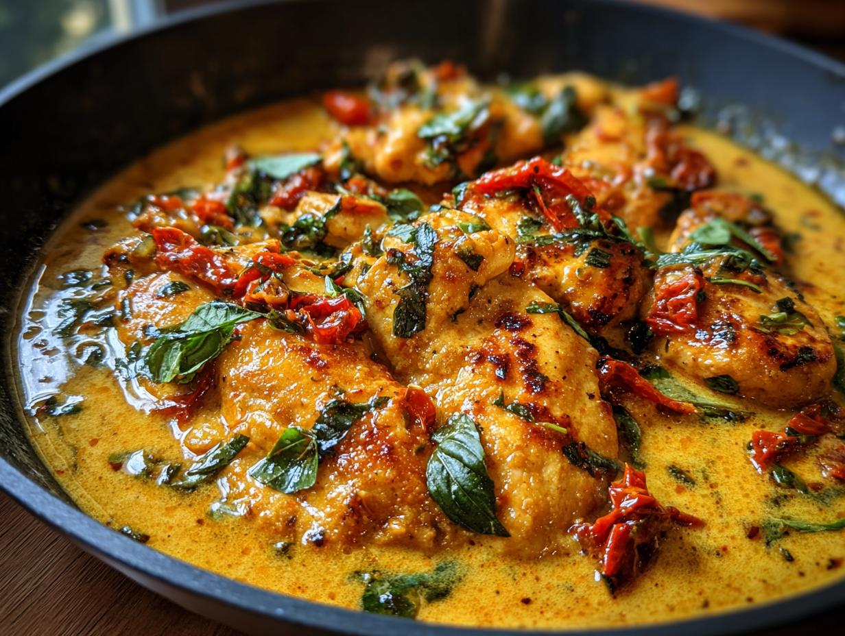 Close-up of Crock Pot Marry Me Chicken breasts in a rich, creamy sauce with sun-dried tomatoes and fresh basil.
