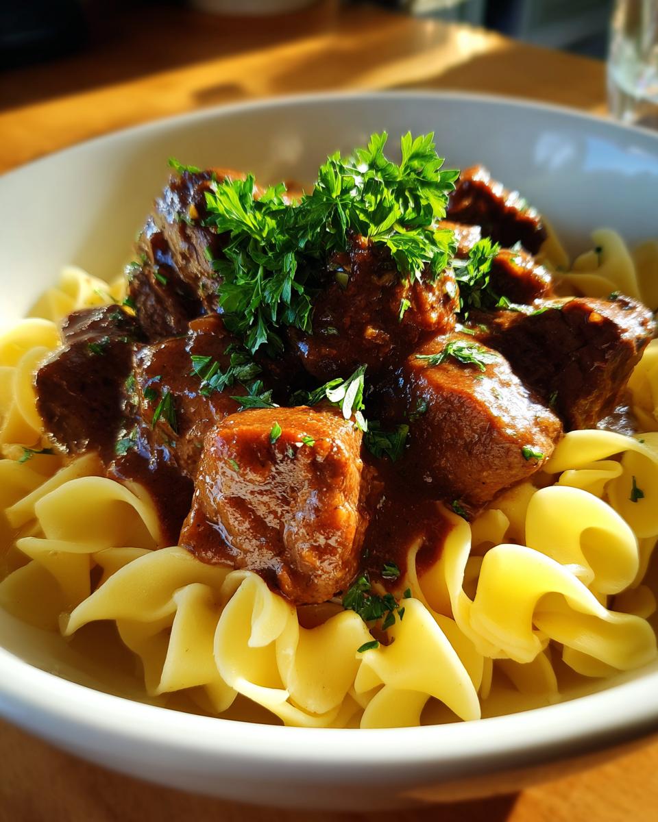 A close-up of a bowl filled with egg noodles topped with tender crockpot beef tips in a rich gravy and garnished with fresh parsley.