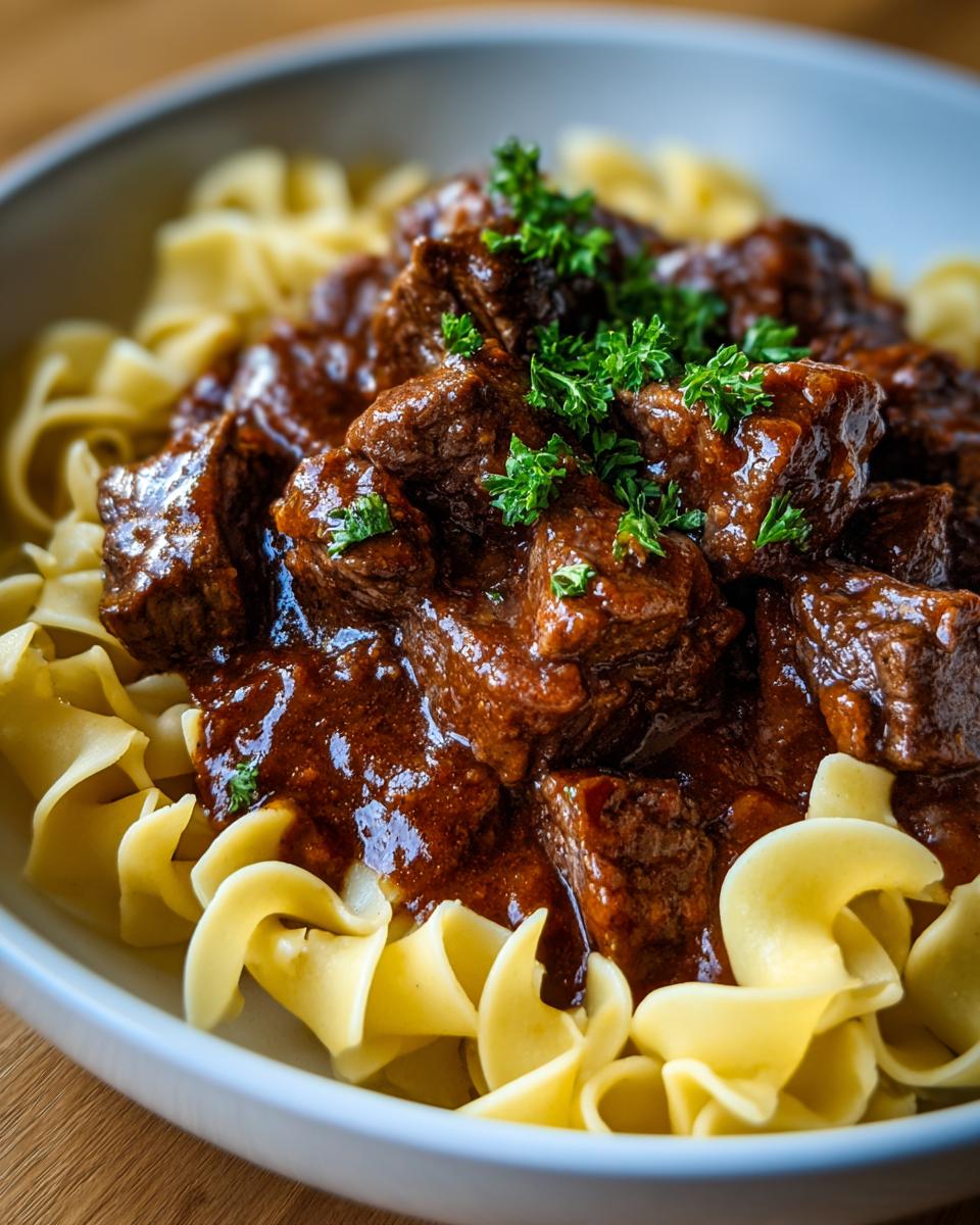 A close-up of a bowl filled with tender crockpot beef tips and noodles, garnished with fresh parsley.