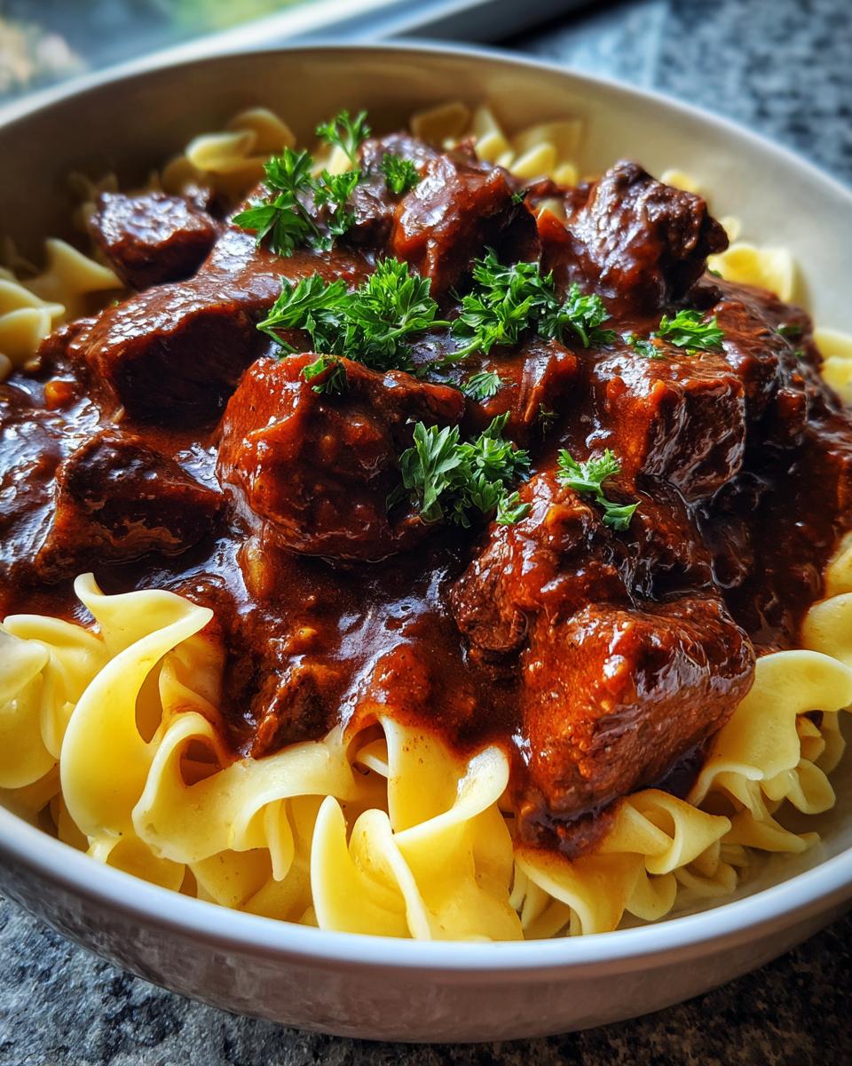 A close-up shot of a bowl filled with tender crockpot beef tips and noodles, garnished with fresh parsley.